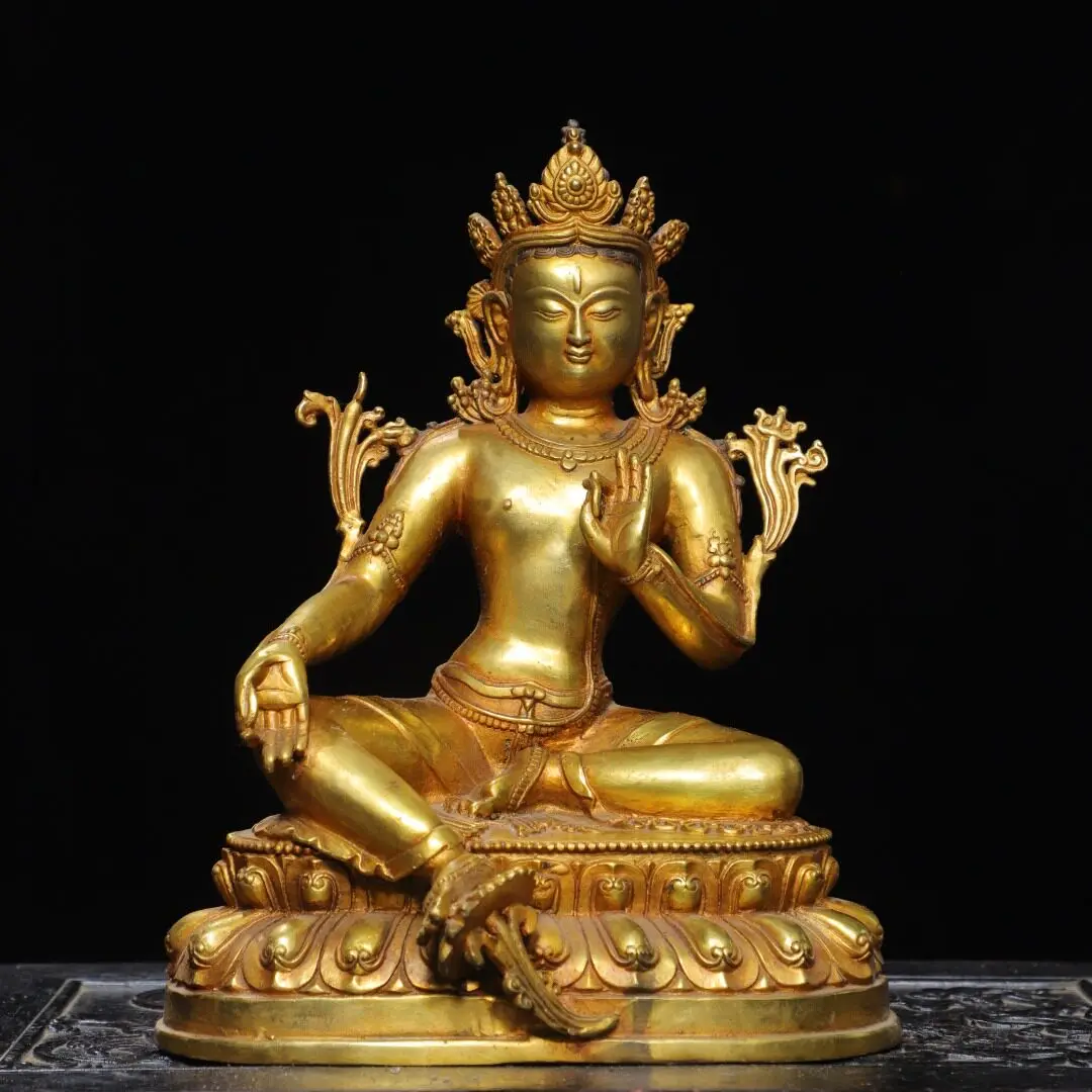 Large Tibetan Green Tara Statue Pure Copper Gold Plated Malla Dynasty Style Tantric Home Altar Figurine