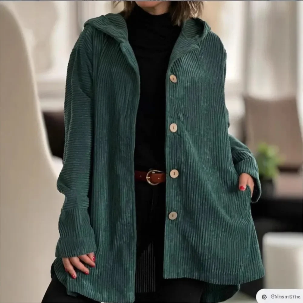 Women's Street Single Breasted Cardigan Jacket 2024 Women's New Style Hooded Loose Fitting Women's Corduroy Casual Coat Femme