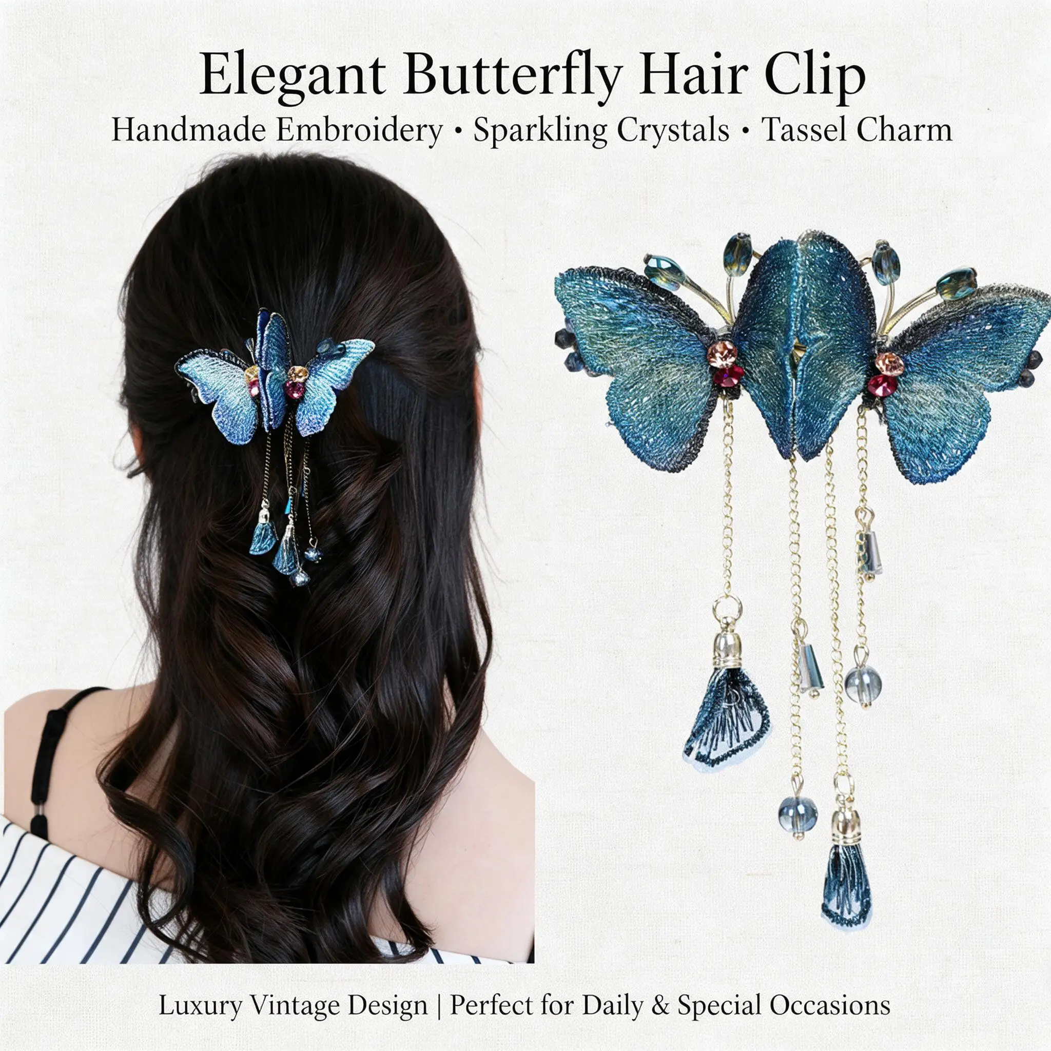 Vintage Ice Blue Embroidered Double Butterfly Spring Hair Clip Rhinestone Tassel Women Half Updo Back Head Cute Daily Hair Decor