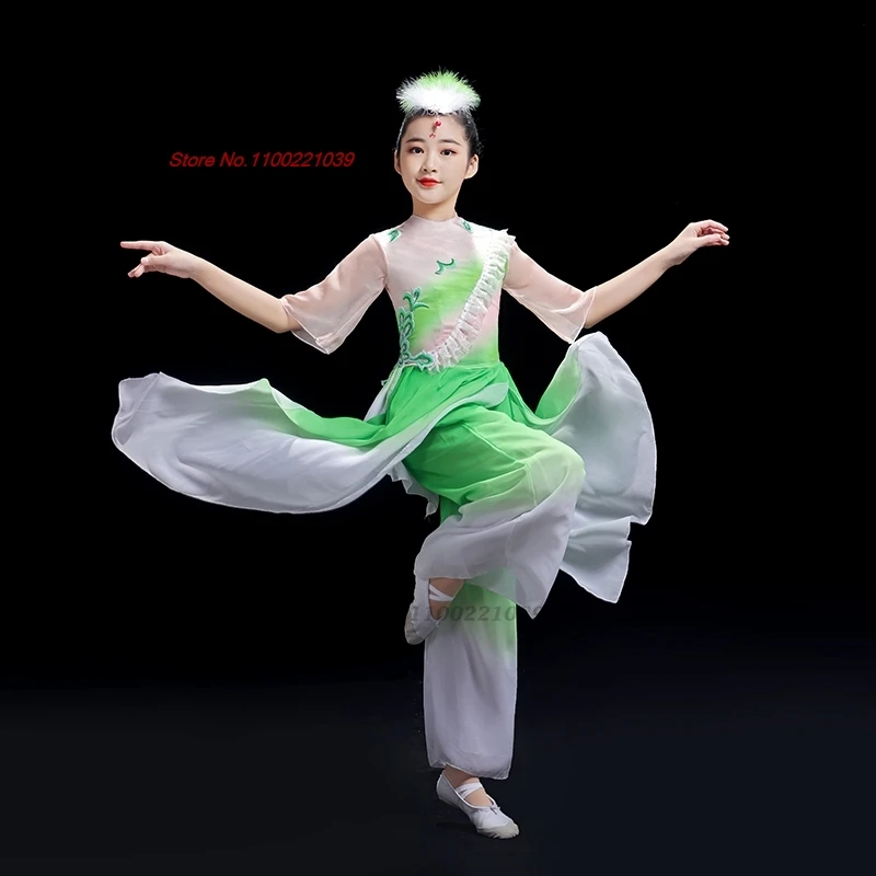 2025 chinese vintage children folk dance costume gradient color chiffon hanfu tops+pants set traditional stage performance dress