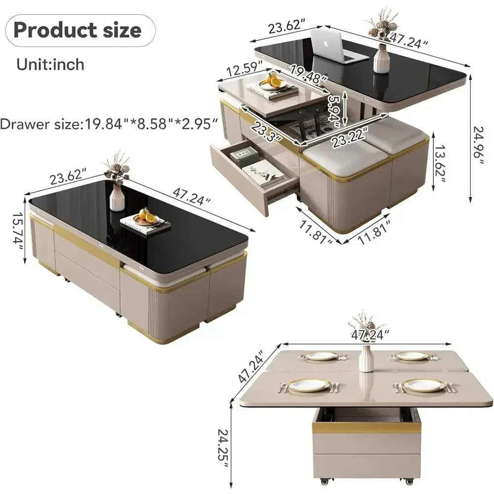 Versatile Lift-Top Coffee Table with 4 Storage Stools, Expandable Dining Solution, Desk in One