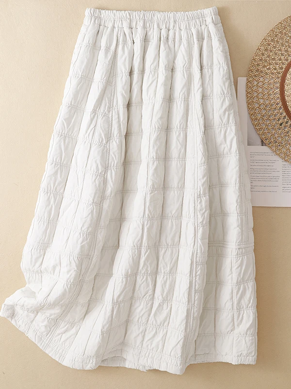 Casual Cotton Quilted Plaid Half Skirt Women's Winter Elastic Waist Lightweight A-Line Skirt Artistic Style Commute Fashion