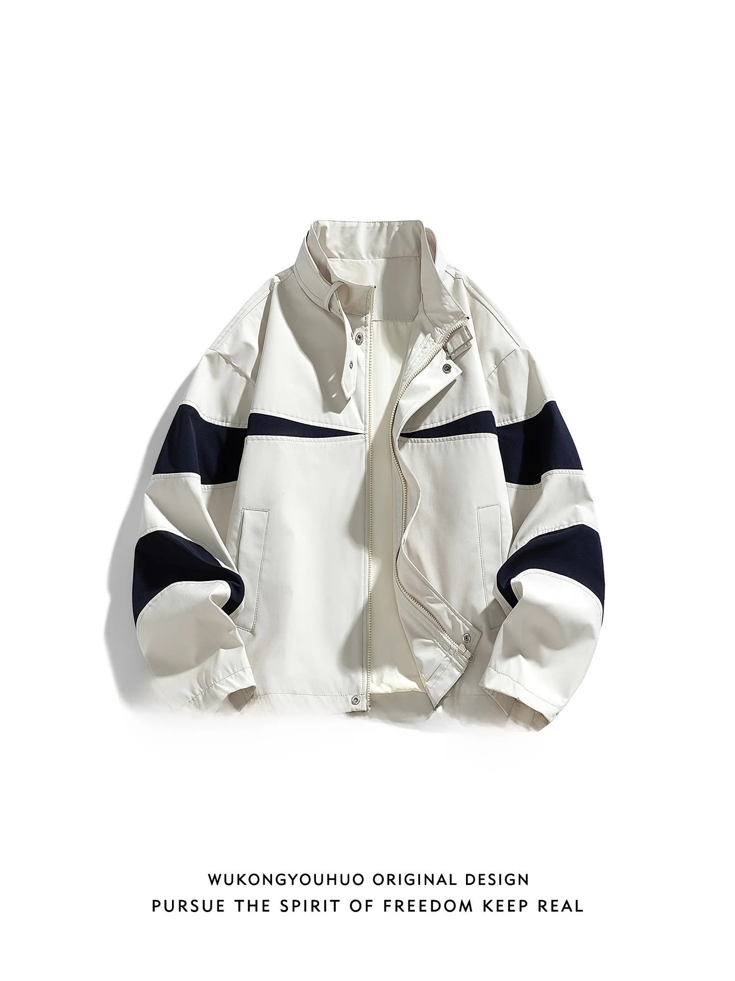 

Retro Color Blo Stand Collar Jaet Loose ex Spring Outerwear for Youth Polyester Fiber Long Sve Zipper Closure