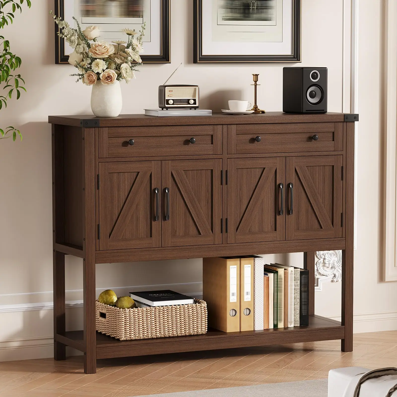 

Modern Farmhouse Sideboard Cabinet With 2 Drawers 2 Barn Doors And Open Shelf For Living Room Dining Room