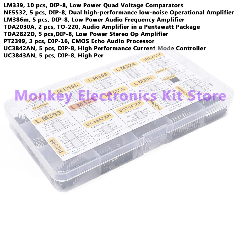 150pcs DIP Integrated Circuit Chip IC Boxed Chip Assortment Amplifier LM358 JRC4558 LM393 LM339 TDA2030A PT2 PC817 ICL7660 NE555