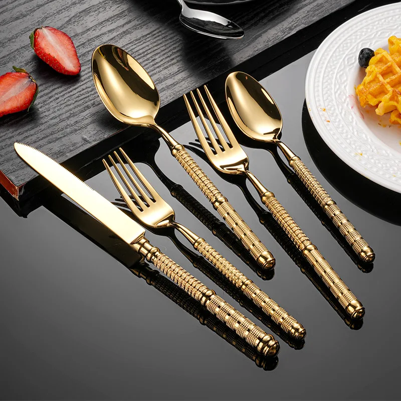 

5Pcs gold-plated stainless steel tableware set French relief retro light luxury 304 knives, forks and spoons Western tableware