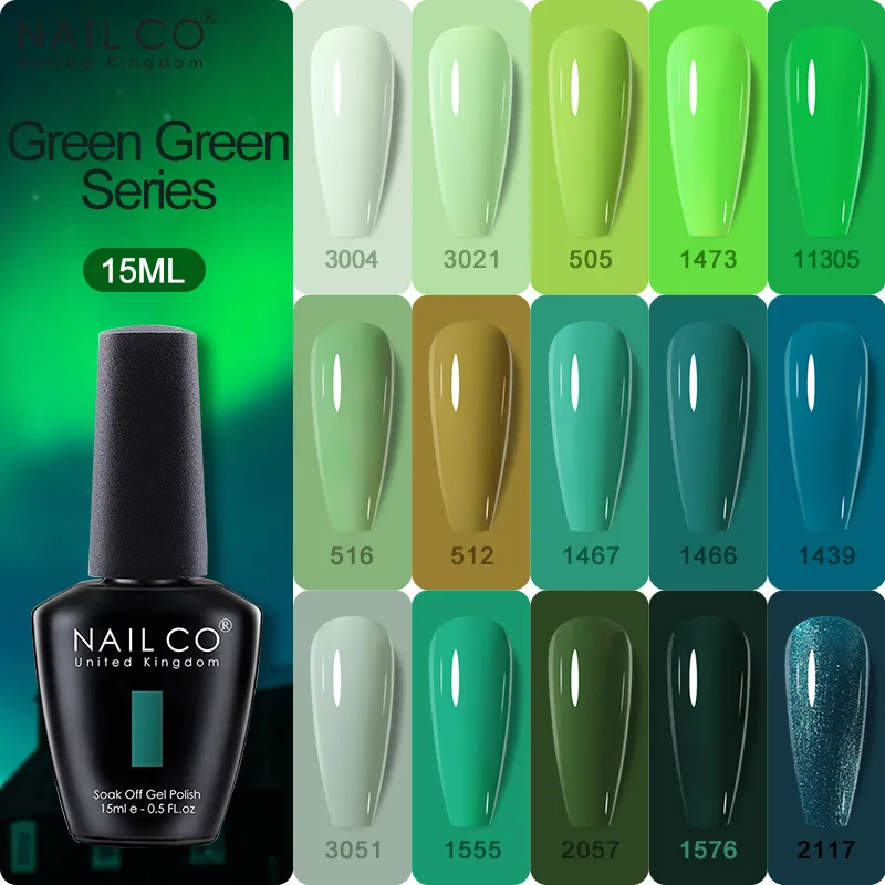 NAILCO 15ml Green Series Dark Color Gel Nail Polish Lasting Hybrid For Base Matte Top Coat Manicure Soak Off UV LED Nail Art Gel