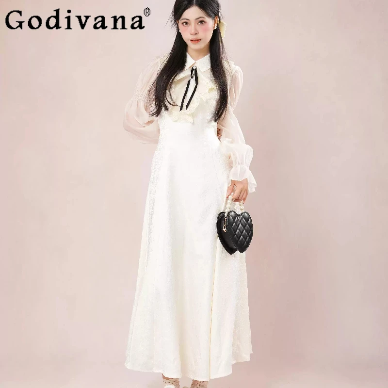 

Женское осеннее новое длинное платье с воротником-бабочкой, нежное французское платье Лолиты, женское белое кружевное лоскутное платье в японском стиле