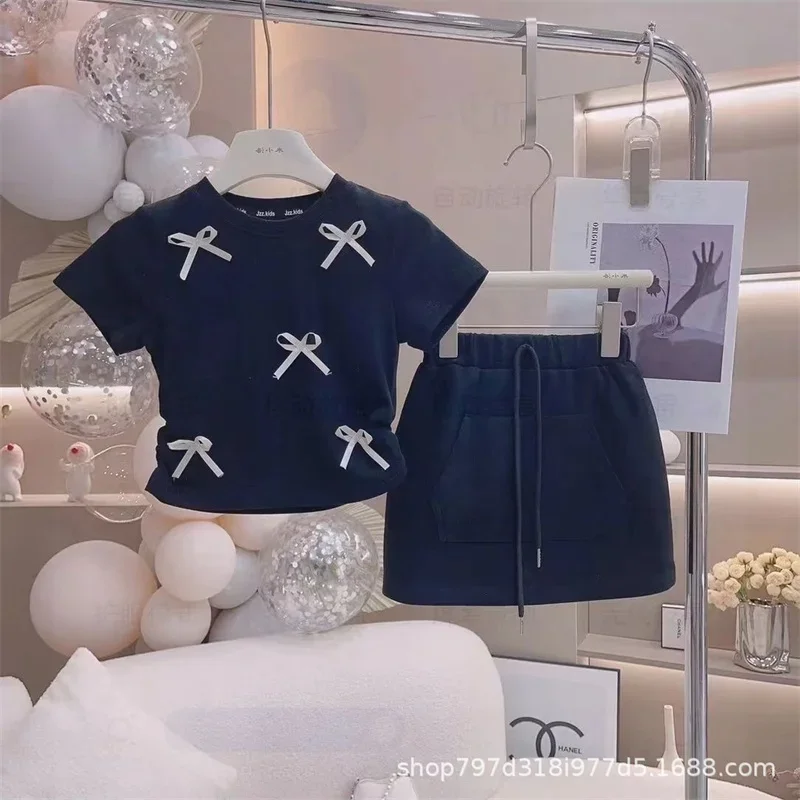 

New Summer Sets Girls Bow Tie T-Shirt Suits Children's Short-Sleeved Top Skirt 2-Piece Baby Kids Fashion Sweet Clothes Outfit
