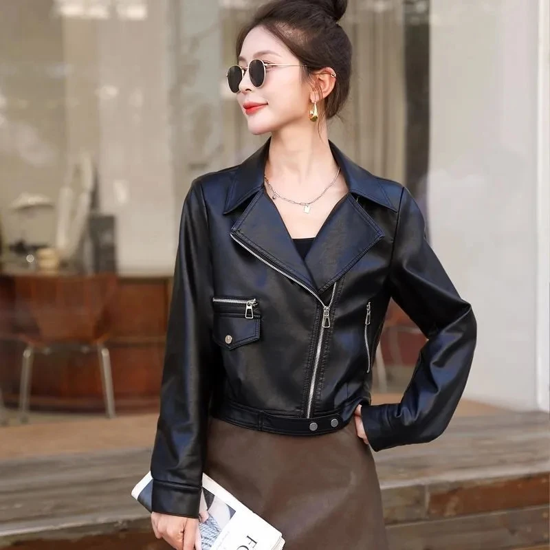 2024 Spring Autumn New Leather Coat Female Short Motorcycle Suit pu Suit Collar Jackets Zipper pocket Leather Short Jacket