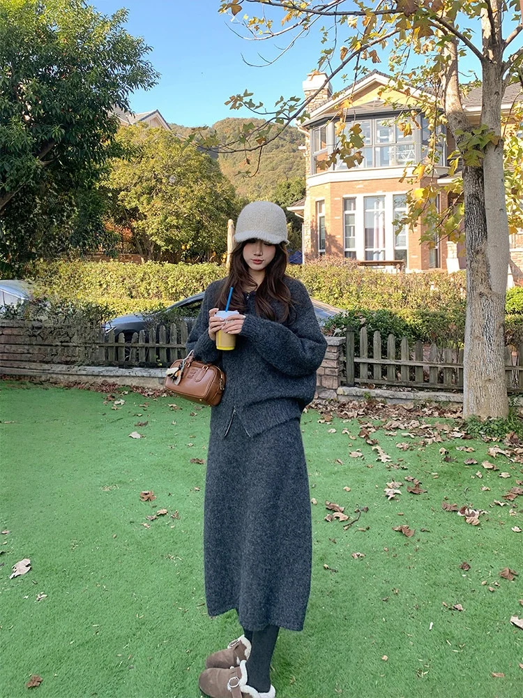 

Miaolab Comfortable Woolen Suit Double Zipper Collar Straight Skirt Women's Faion Set Warm Thiened Winter Casual Workwear