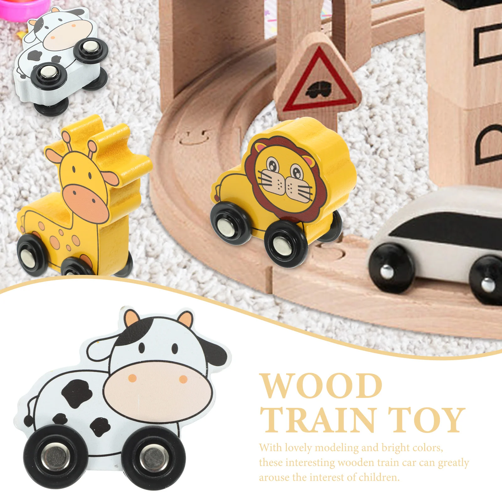 6-teiliges Holzschienen-Zubehör-Set für Kinder, Holzeisenbahn für Kleinkinder, Frühpädagogisches Zubehör, Spaßige Tiermodellierung, Kreativ