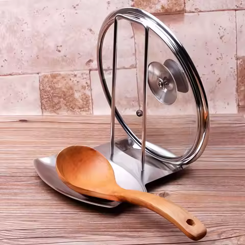 Pot Lid Rack with Drain Tray | 410 Stainless Steel, Includes Detachable Spoon Rest for Easy Storage in Kitchen, Pot Lid Holder