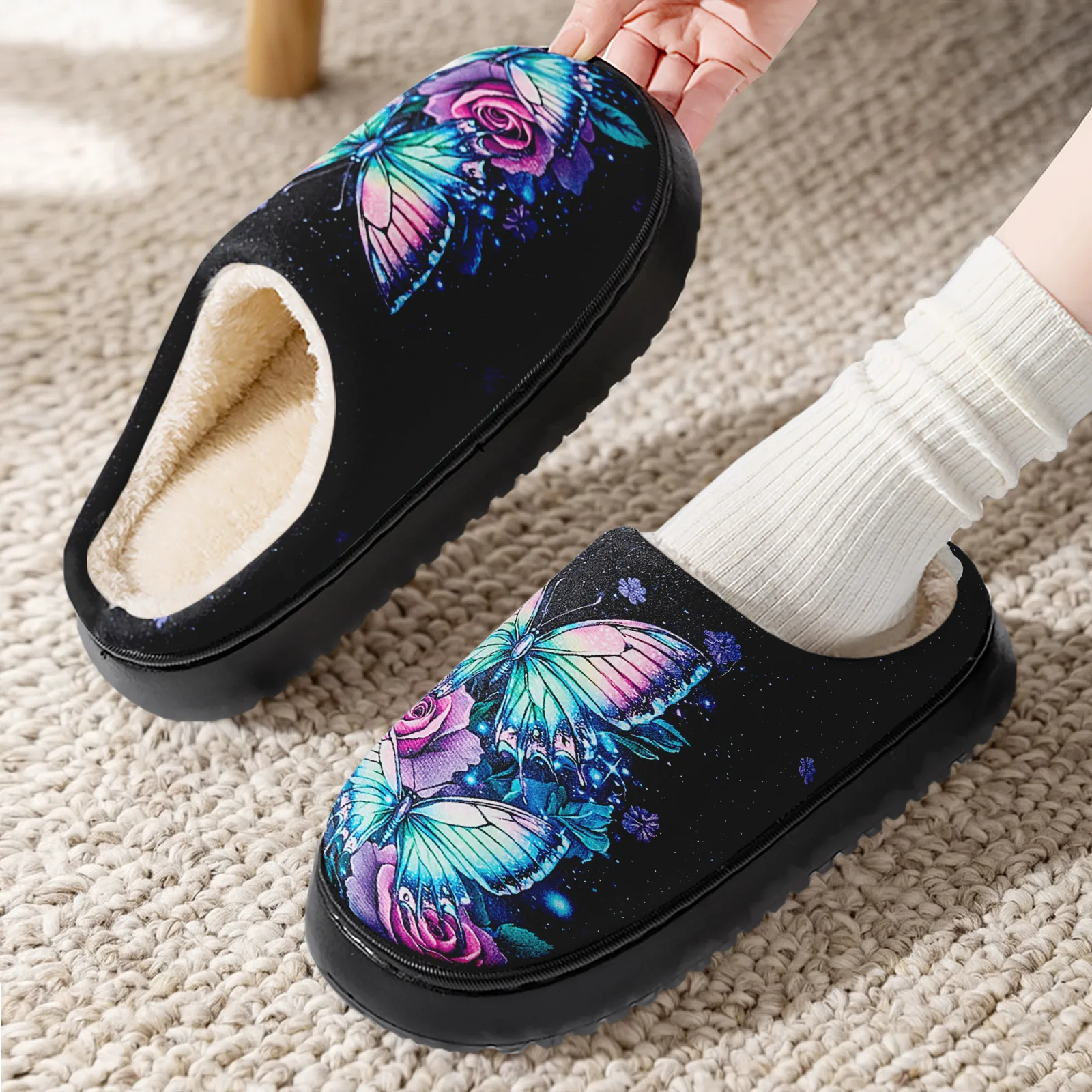 Women's Fuzzy House Slippers Memory Foam Butterfly Rose Floral Print Warm Cozy Indoor Outdoor Slip On Non Slip Bedroom Shoes for