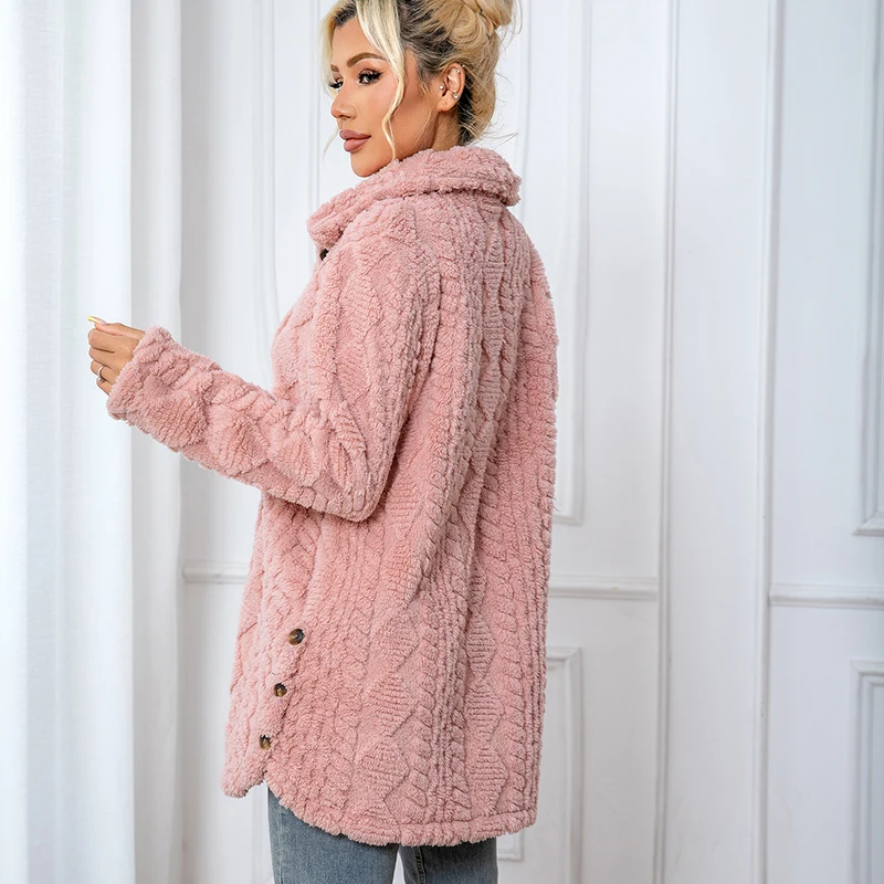 Women Textured Fuzzy Fleece Coat Lapel Collar Button Down Mid Length Warm Plush Jacket Casual Autumn Winter Outerwea