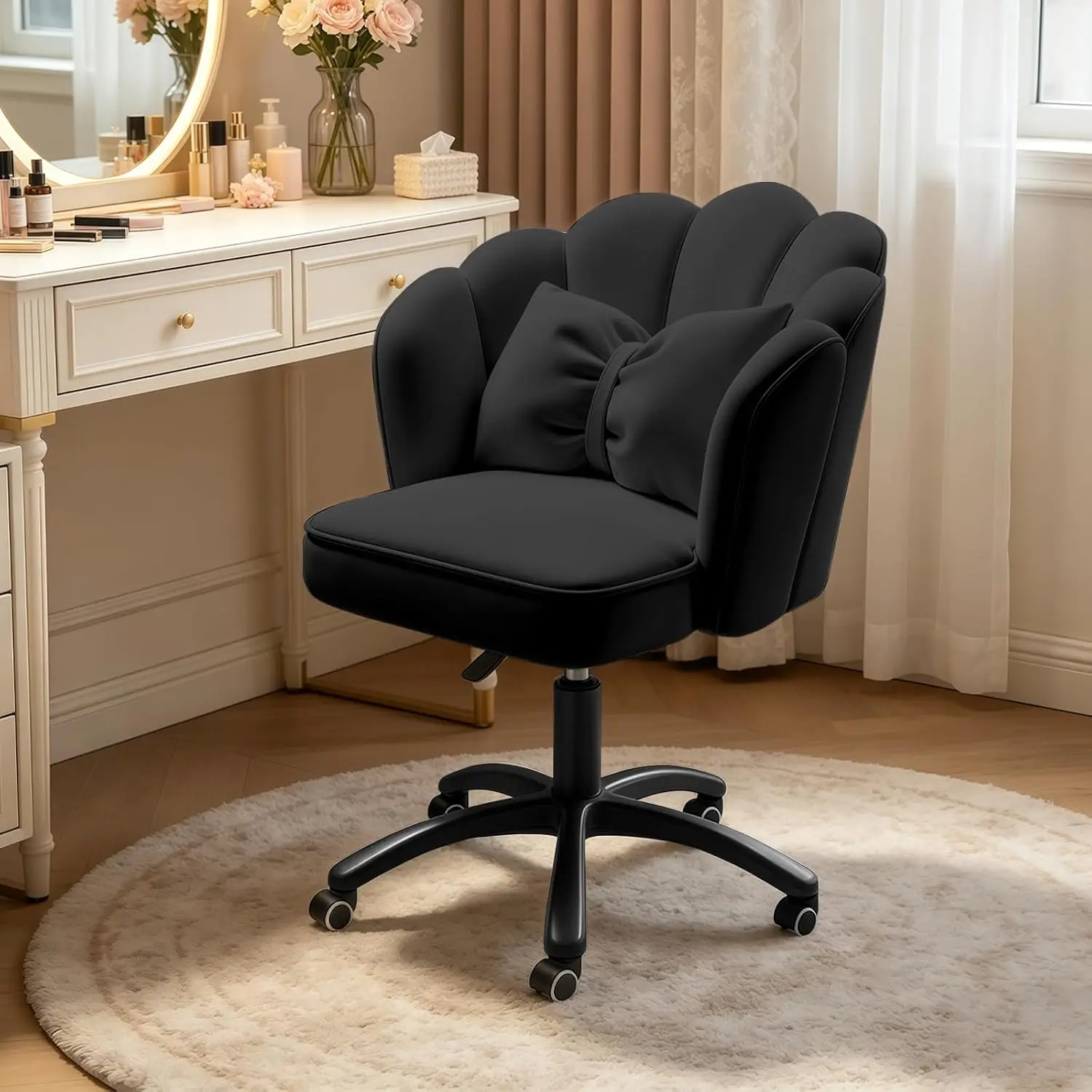 Black Vanity Chair with Bow Cusion, Mid-Back Home Office Desk Chair