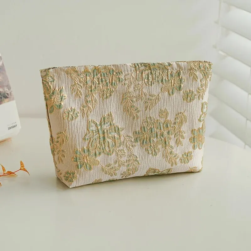 Borsa per il trucco da donna fiori d\'oro verde borsa per il cuscino d\'aria del rossetto di grande capacità borsa da toilette portatile con frizione