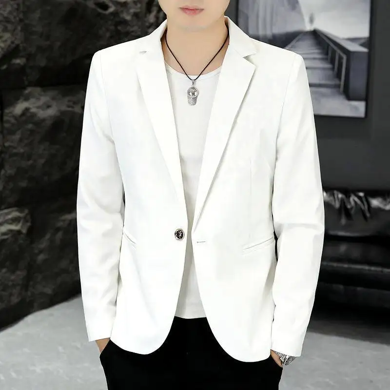 

Мужской повседневный костюм: чисто белый, весенне-осенний, модный, на одной пуговице, для молодых мужчин, универсальный, из полиэфирного волокна