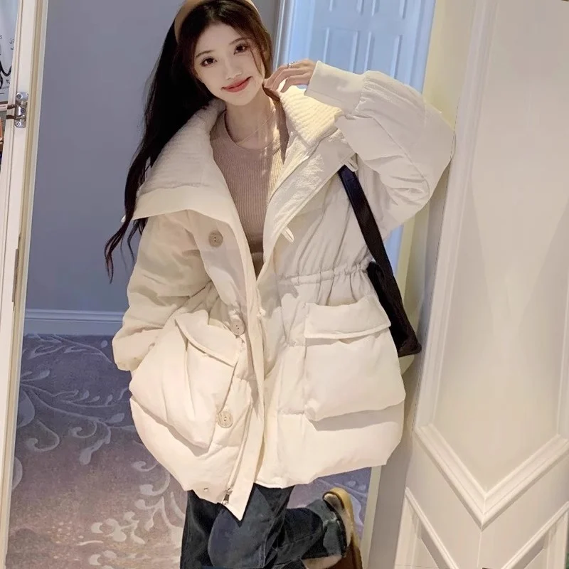 2025 Winter New White Medium Long Cotton Jacket Women's Thick Bread Coat Large Pocket Big Lapel Fashion Parka W1028  ﻿