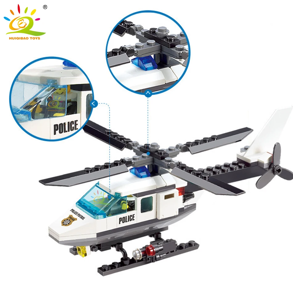 HUIQIBAO 102Pcs City Police Helicopter Model Building Blocks Set With 1 Figure Bricks Educational Toys For Children Boys Gift