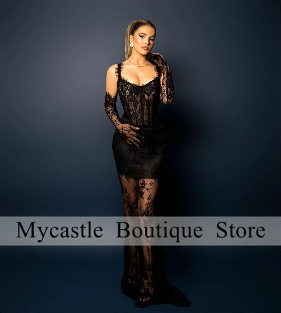 Sexy Black Lace Mermaid Long Prom Dresses 2024 With Gloves Illusion Birthday Party Dress Homecoming Dress