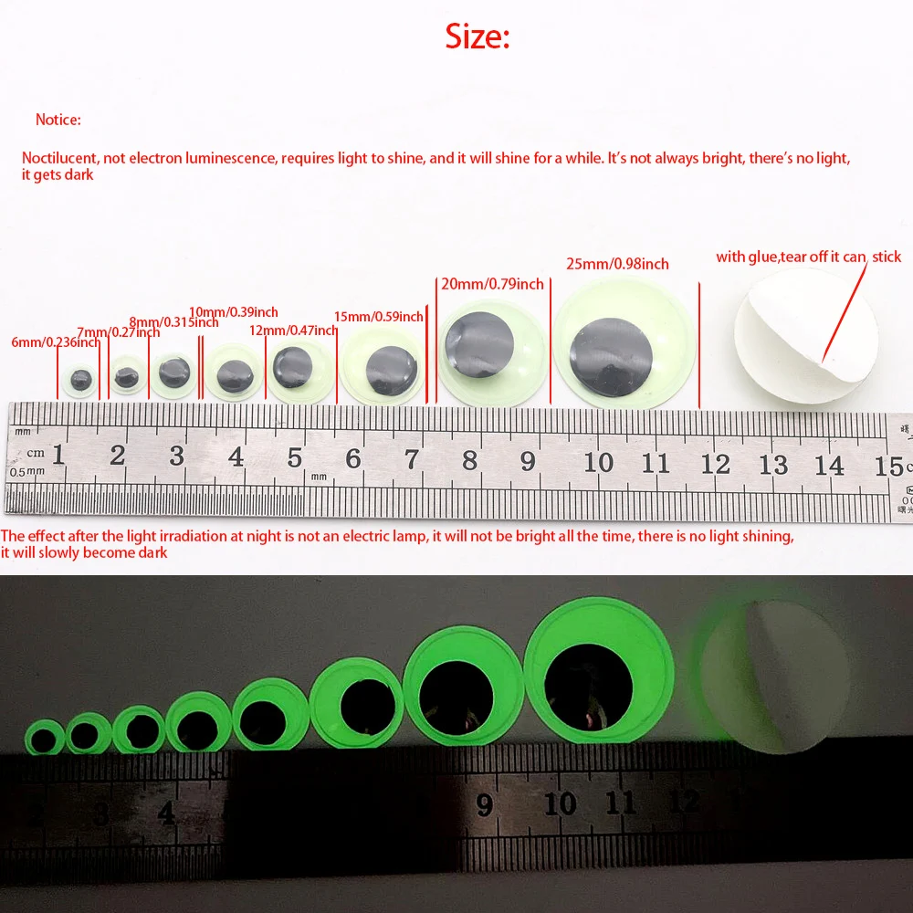 6mm-25mm Glow in The Dark Wiggle Googly Eyes Self Adhesive Plastic Green Sticker Luminous Eyes for DIY Crafts Halloween Decor