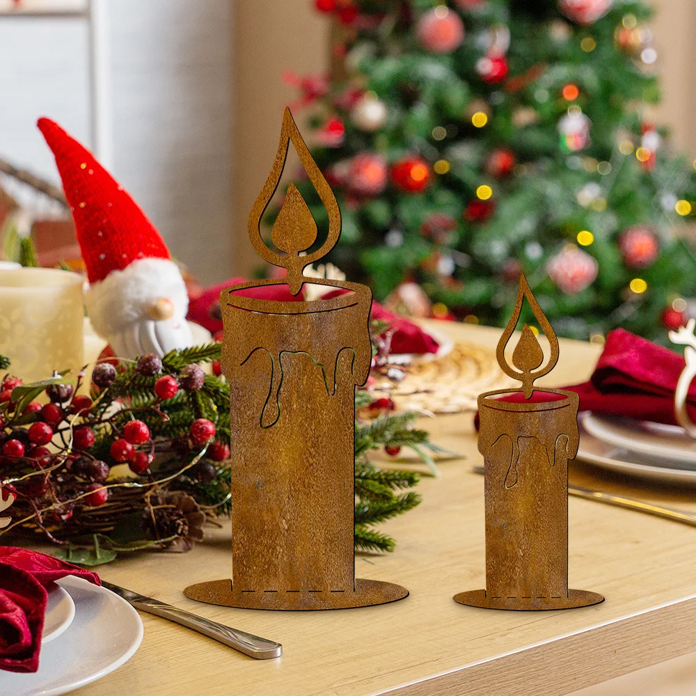 2pcs Vintage Wrought Iron Christmas Candle Holders - Rustic Farmhouse Style Indoor Garden Decorations with Elegant Flame Design