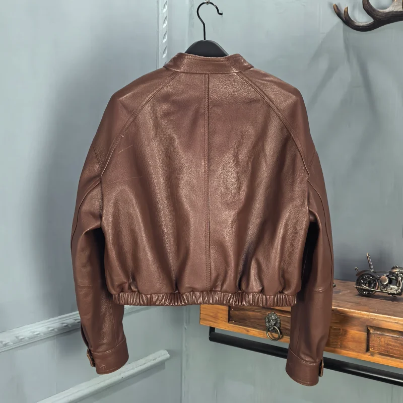 Spring 2026 Women's eepskin Leather Jaet Zipper Stand Collar Motorcycle Sle ort Loose Outerwear Faionable Ladies Coat