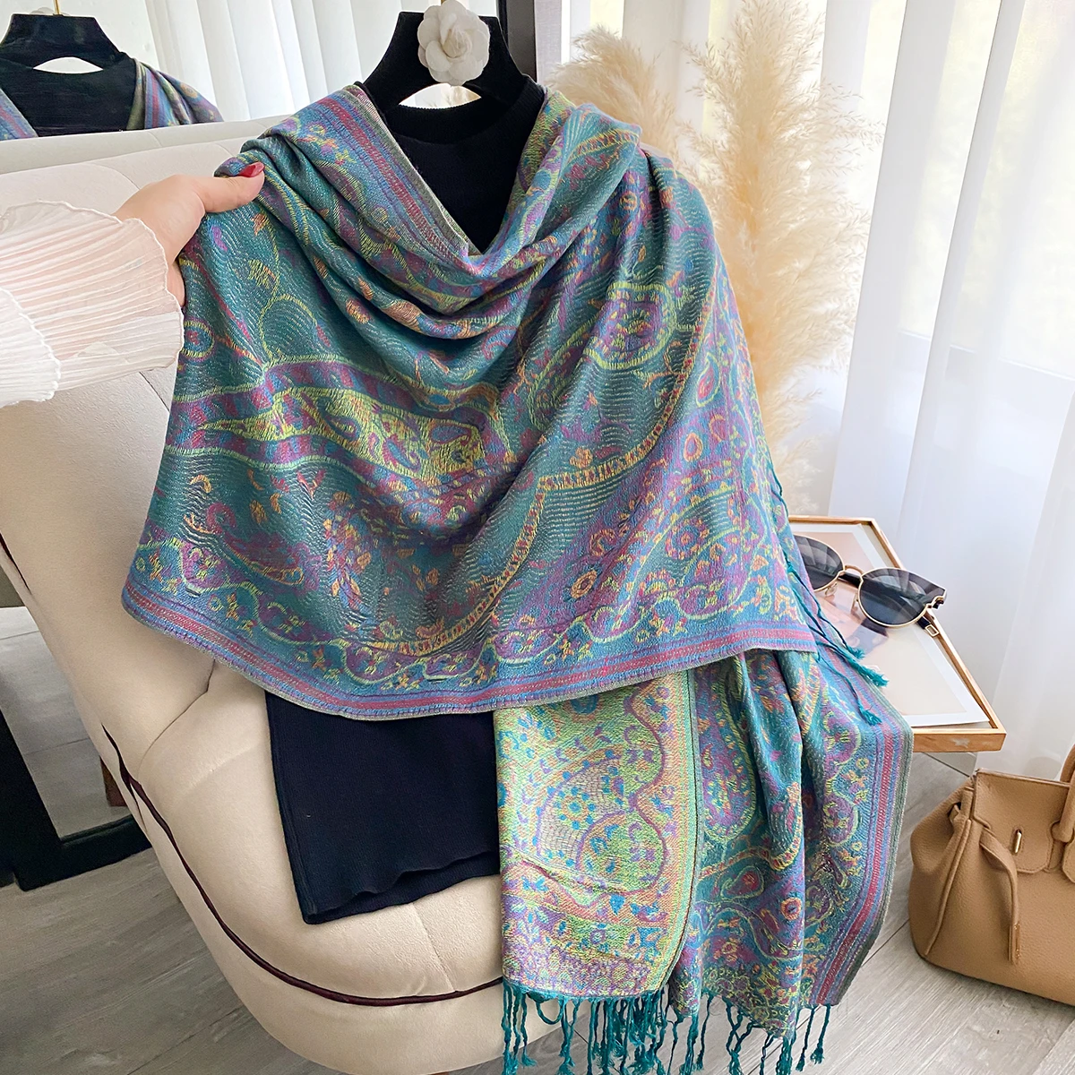 Neue Mode Damen Faux Kaschmir Winter Wrap Vintage Print Quasten Dicke Warme Pashmina Zweiseitiger Schal Outdoor Schals Foulard – Detail 12
