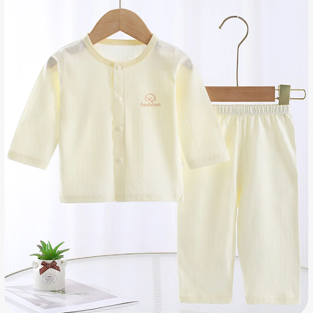 Baby Girl Set Summer Cotton Thin Type Solid Color Long Sleeve Tops Pants 2Pcs Newborn Clothes Air Conditioning Baby Boy Outfits