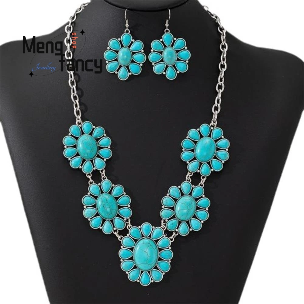 Natural Vintage Personalised Turquoise Flower Earrings Necklace Bohemian Ethnic Style Exquisite Fashion Jewellery Holiday Gifts