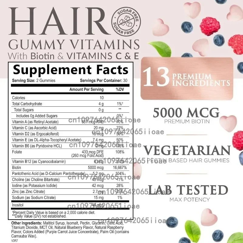 Sugar Free Biotin , Vitamin A, B12,C,D,E, Folic Acid, Supports Hair Growth, Strengthens and Beautifies Hair and Nails