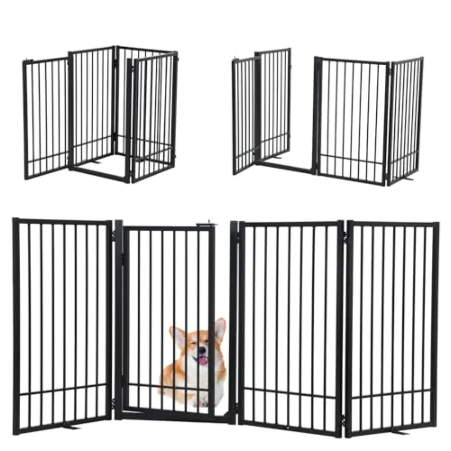 

Free Standing Dog Gate with Door Walk Through for Indoor Use Metal Black Extra Wide 80.5'' and 31.5'' Height Foldable and Stair