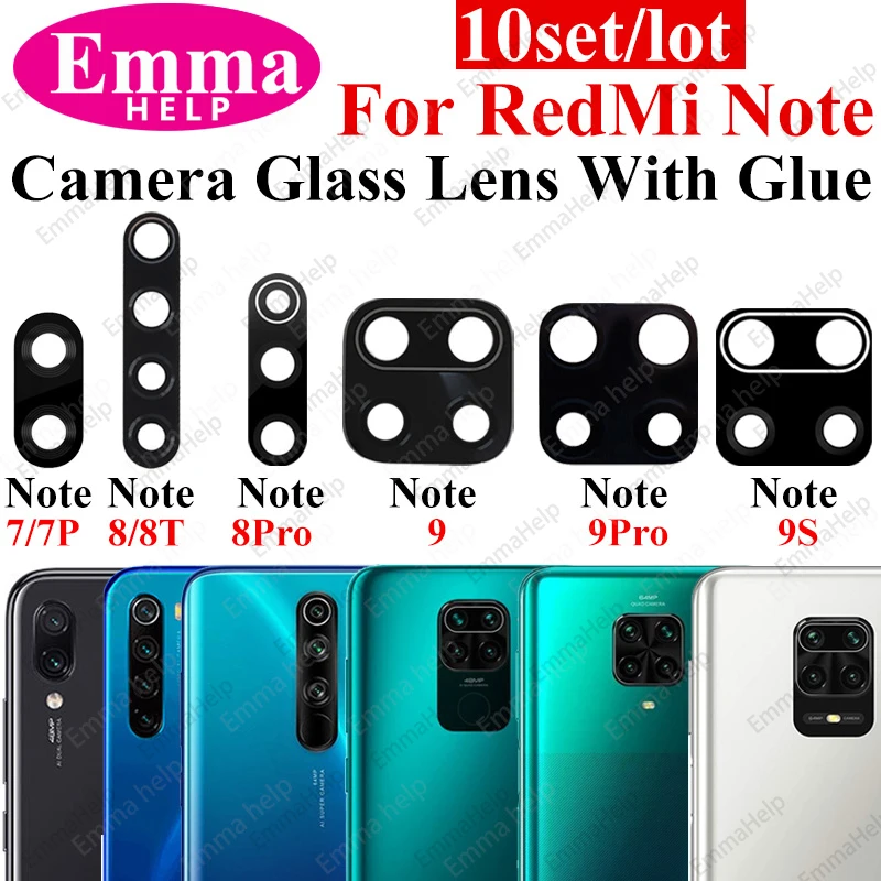 EmmaHelp10Pcs Rear Back Camera Lens Glass for Xiaomi Redmi Note 11 11S 11T 10 10S 9 9S 8 7 Pro Rear with Glue