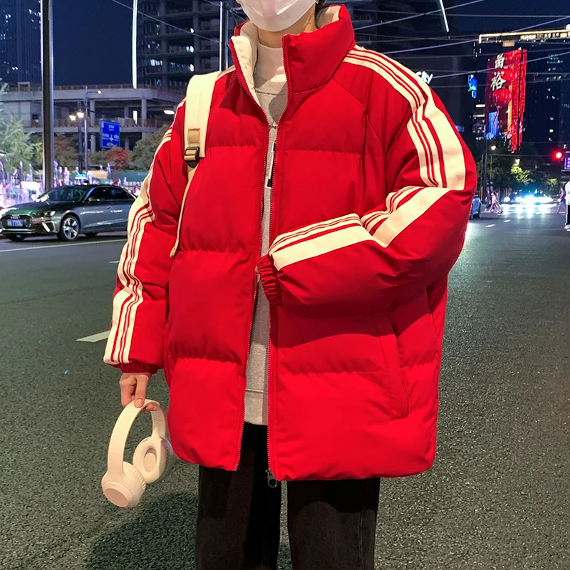 

2025 New Year Men's Cotton Jaet Hooded Stripe Red Winter Coat Faion Urban Loose Fit Long Sve Zipper Closure Warm Coat
