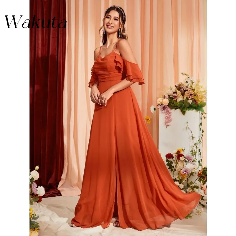 Wakuta Spaghetti paski Off The Shoulder plisowane suknie balowe moda wysoki rozcięcie szyfonowa druhna Vestidos De Novia Boda Civil