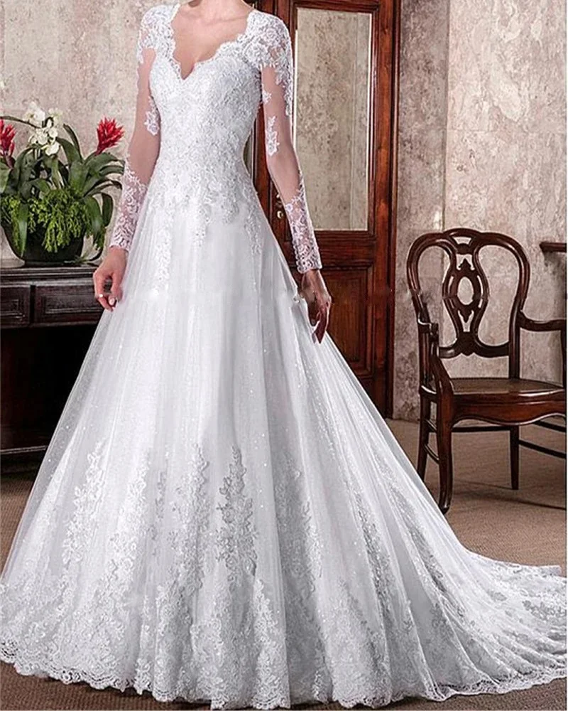 

YNQNFS Elegant long backless wedding dress A-line bride dress V-neck lace applique sexy ladies wedding dress H021