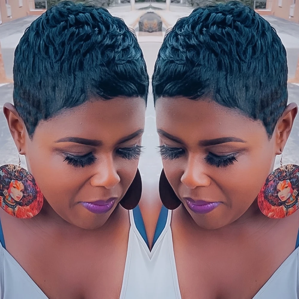 150% 밀도 4인치 픽시컷 곱슬 웨이브 인모 가발 (여성용, 풀머신 제작, 데일리 및 파티용)