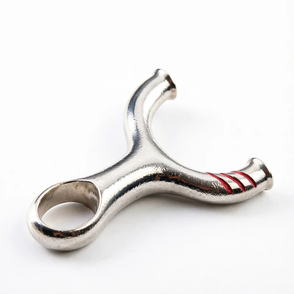 Stainless Steel Y-Shaped Slingshot with Hammered Texture, Round Fork, Finger Ring & Red Stripes for Outdoor Target Practice