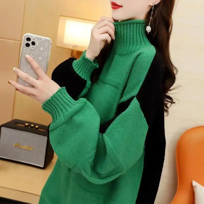 Autumn Winter New Women\'s Jacquard Weave Mid Length Version Sweaters Contrast Color Turtleneck Fashion Loose Long Sleeve Tops