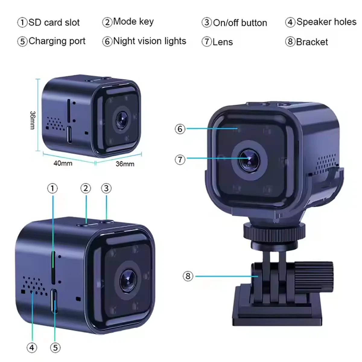 PIR Motion Detection Camera 30-Day Standby 960mAh Ultra-Low Power Mini Hidden Cam with SD Loop Recording&3 Connectivity Modes