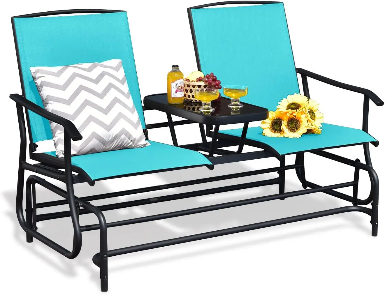 

2 Person Outdoor Glider Bench w/Tempered Glass Table, Steel Frame, Breathable Seat, Double Rocking Chair (Turquoise)