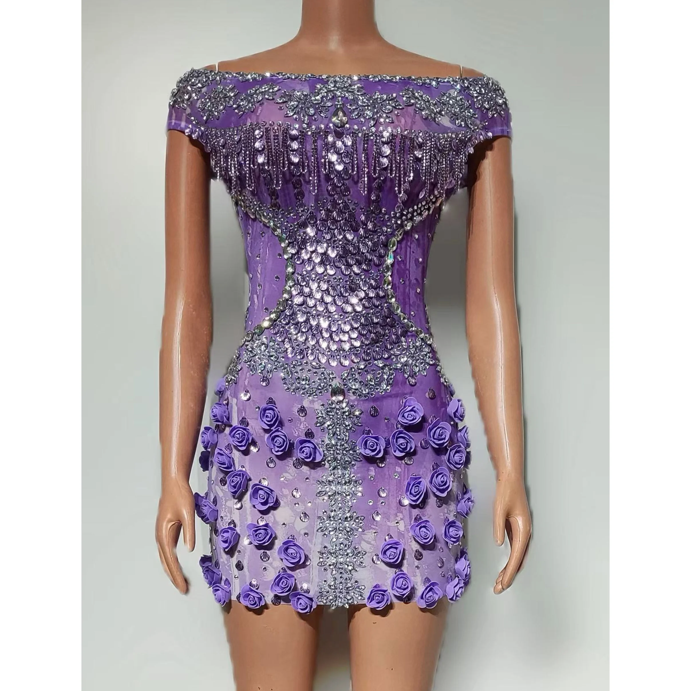 Sukienka imprezowa z dżetami, dekolt łódka, odkryte ramiona, do klubu nocnego, baru, na występy DJ-a, kostiumy, strój sceniczny dla tancerki gogo, DN22189