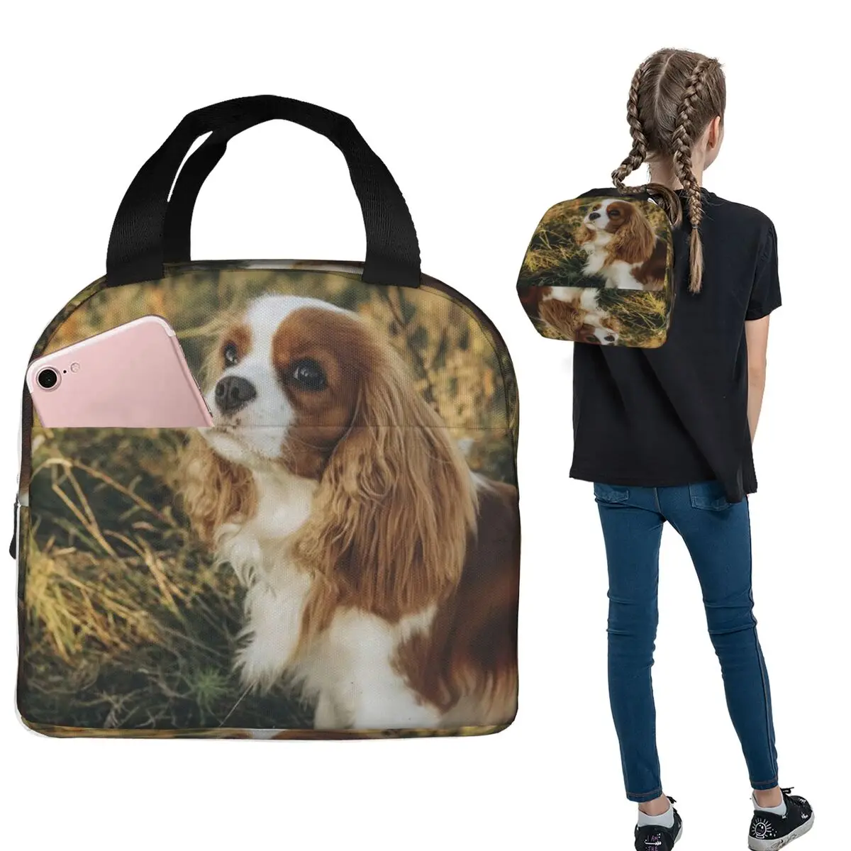 Custom Cavalier King Charles Spaniel Square Insulated Lunch Bag for Women Children Portable Food Boxes Thermal Lunch Box Tote