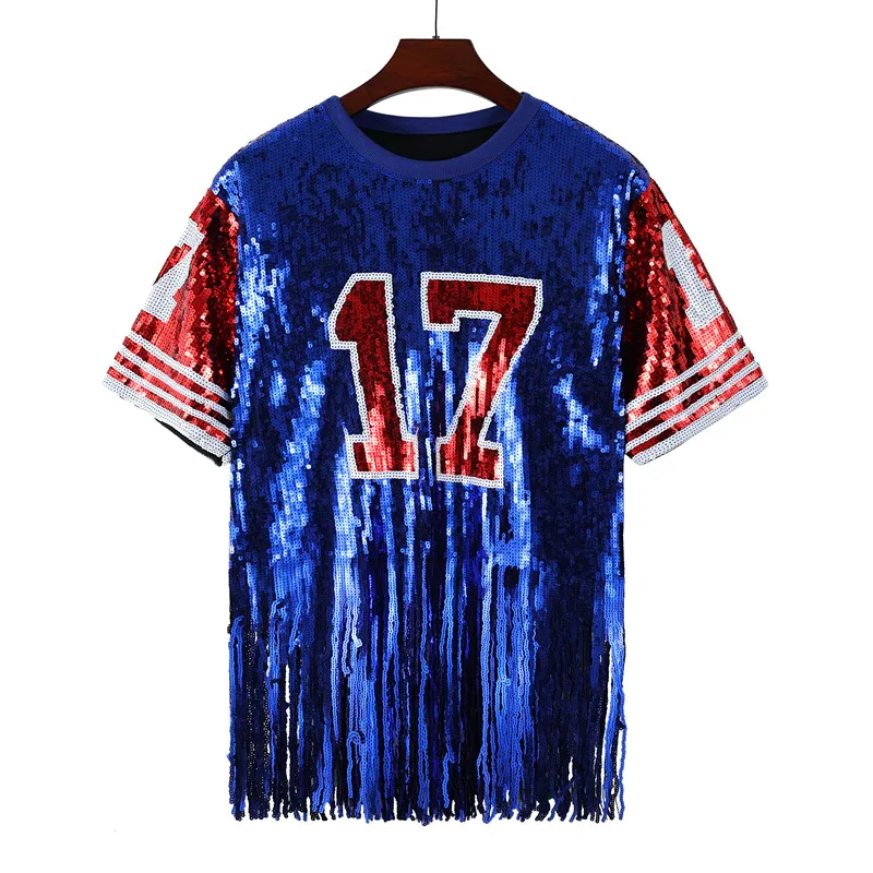 Summer New Fashion Sequin Fringe Women Short Sleeved T-shirt Simple Round Neck Female Casual Loose Tops