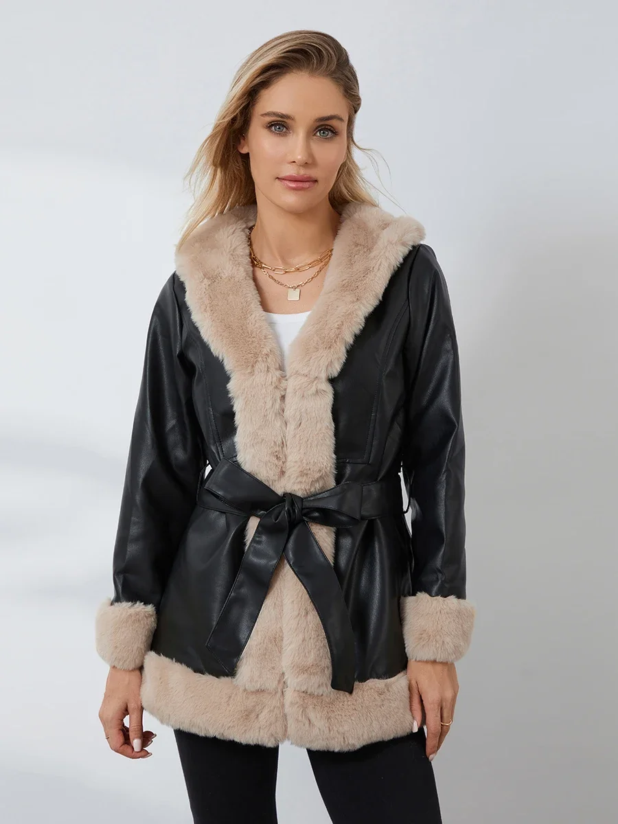 Women Faux Leather Jacket Faux Fur Long Sleeve Open Front with Furry Collar Short Parka Coat Warm Cardigan with Belt Streetwear