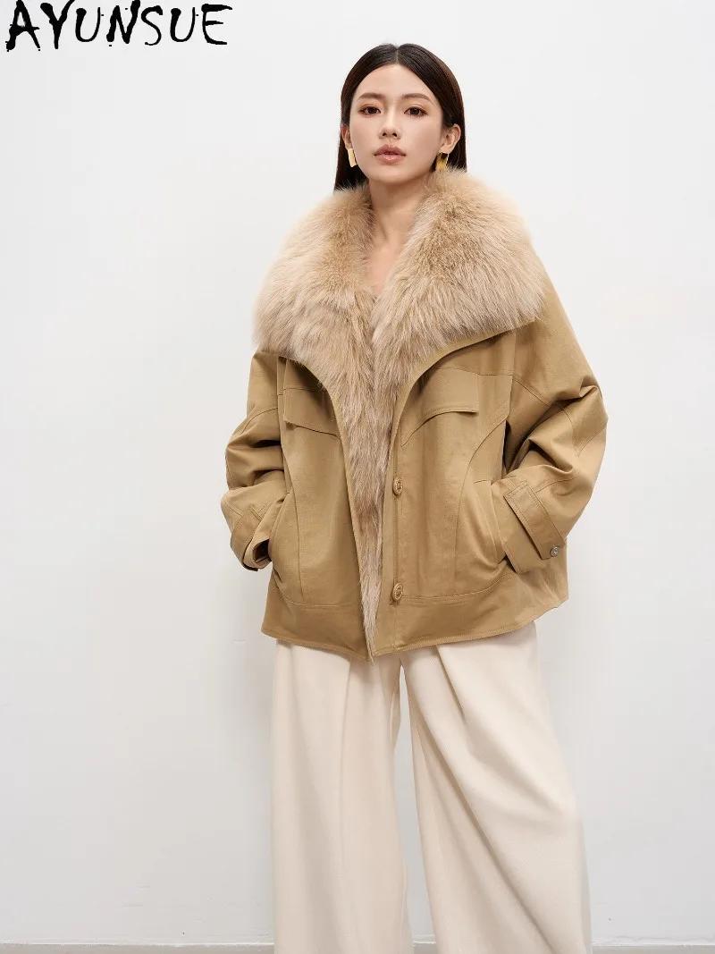 AYUNSUE 90% White Goose Down Coat Detachable Genuine Fox Fur Collar Womens Warm Winter Parka Jacket Loose Fit Fashion Aquetas