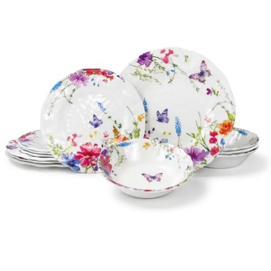 

Набор посуды из меламина, 12 предметов, на 4 персоны — тарелки и миски с фестончатым краем и текстурированной поверхностью, можно мыть в посудомоечной машине, не содержащие BPA