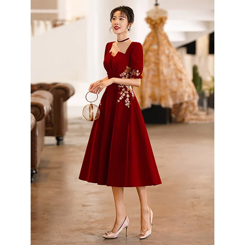 Burgundy Embroidered Evening Dress 2023 New Fashion Square Collar Slim  Party Gowns Back Lace Up Women\'s Engagement Dresses