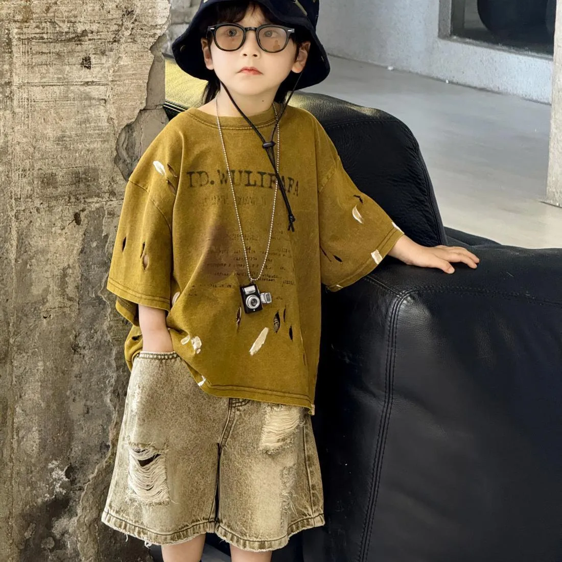 100-150cm Boys' Clothing Set Summer New Style Children's Ripped Denim Shorts Tie Dye Short Sleeved T-Shirt 2-Piece Set